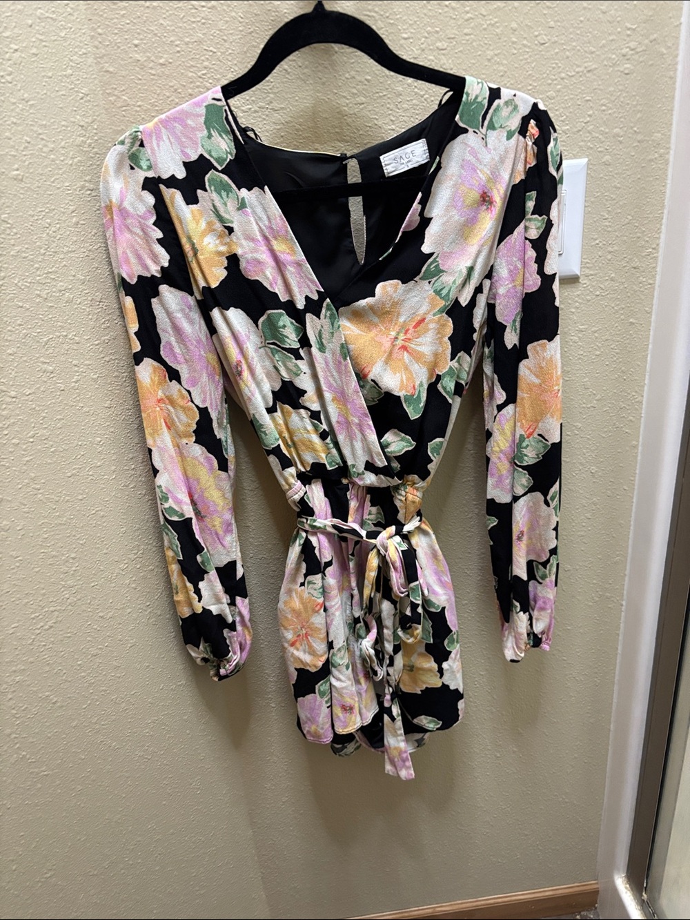 Sage Black Floral Wrap Romper with Pastel Accents